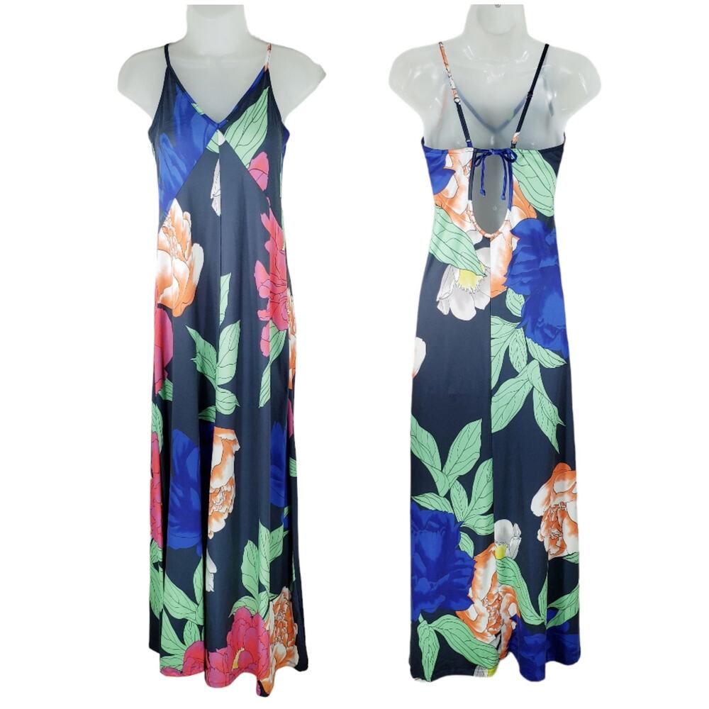 ASOS Maxi Slip Dress 2‎ Floral Blue Pink Spaghetti Straps Hawaiian Aloha Fairy